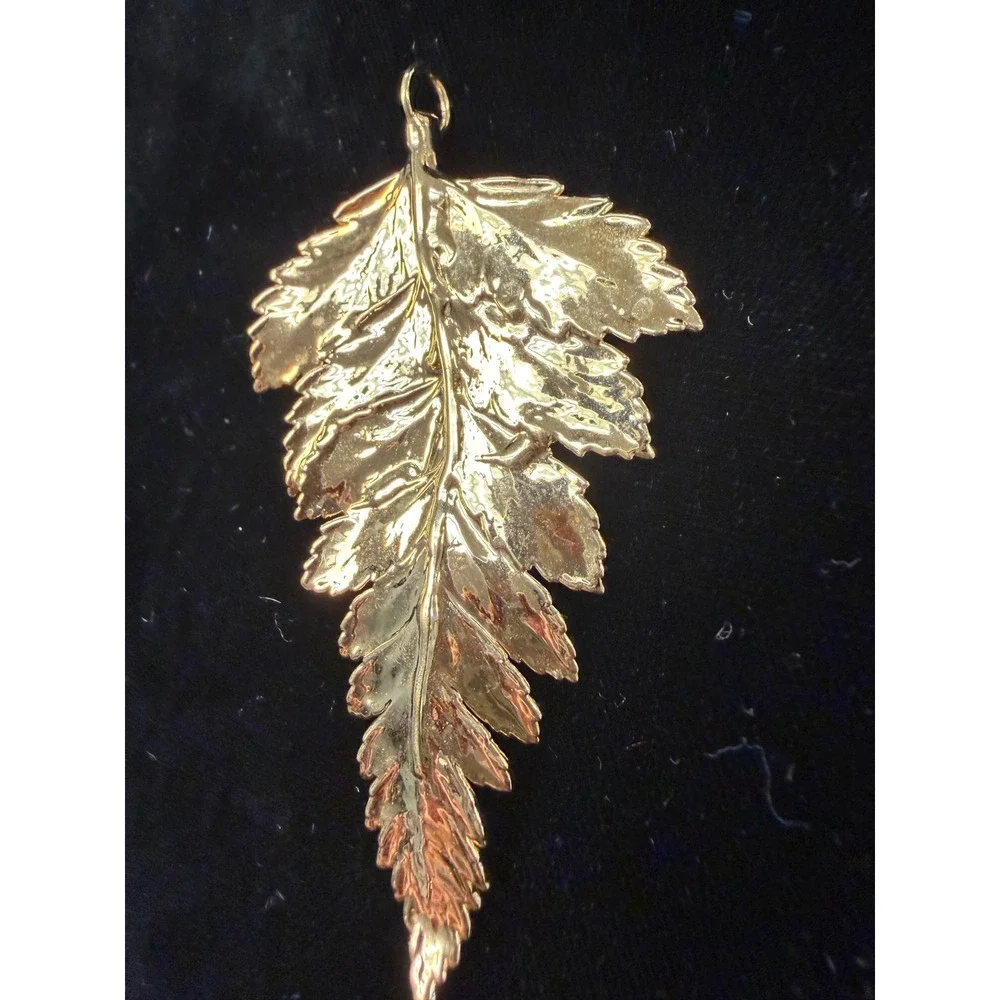 Vintage Gold Tone Fern Leaf Pendant Botanical Statement Jewelry Large 2.5 Inch